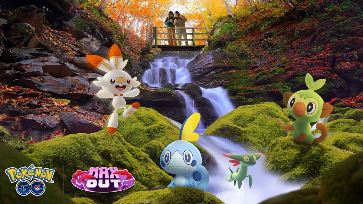 Pokemon GO image featuring Scorbunny, Sobble, and Grookey from Pokemon Sword and Shield, plus Dreepy in the background