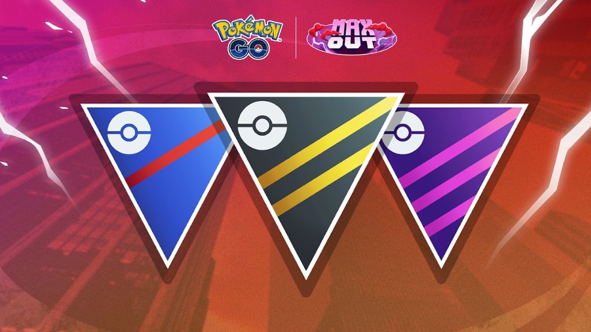 Banner showing the Max Out season of the Pokemon GO Battle League with the different league flags and Pokemon GO logo