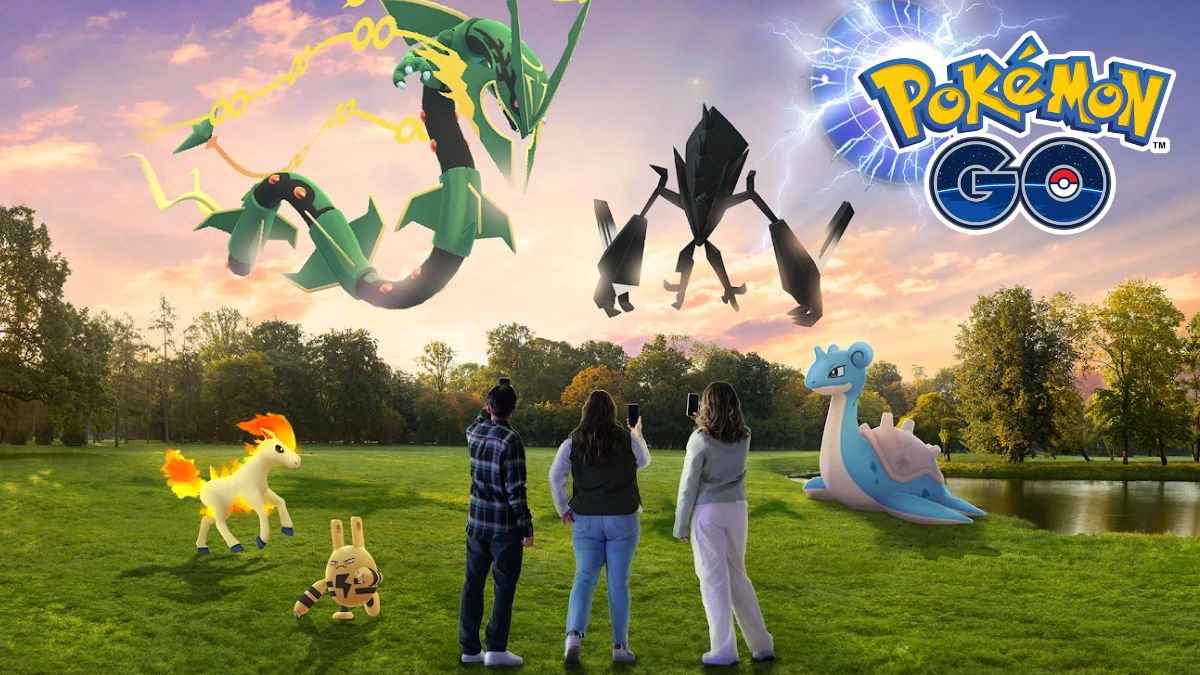 Pokemon GO Shared Skies season promo featuring three players standing in a field with several Pokemon