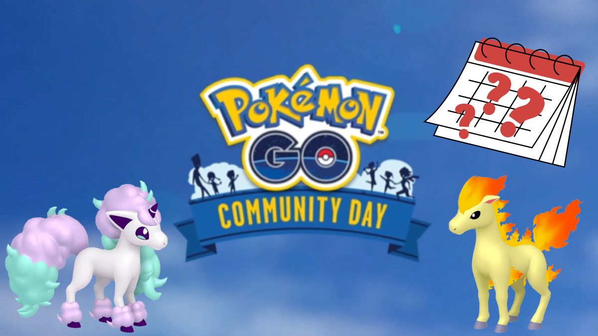 Image of the Pokemon GO Community Day logo with a Galarian Ponyta and Ponyta on either side, with a calendar and question marks next to it