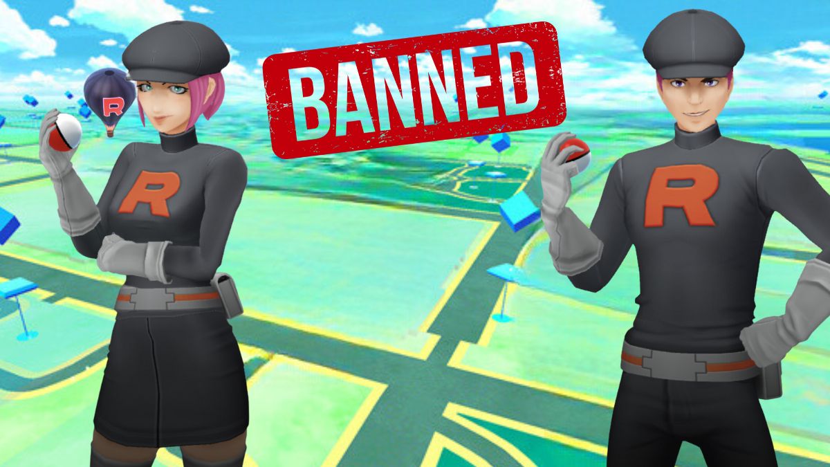 Image of two pokemon GO rocket grunts on the Pokemon GO map with the word BANNED between them