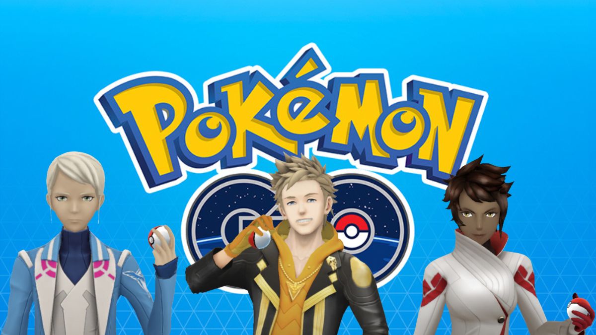 The three team leaders in Pokemon GO, standing in front of the logo