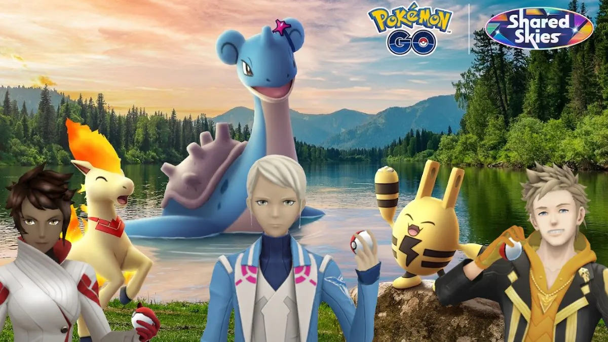 Event image for the Triumph Together event in Pokemon GO, featuring all three team leaders next to the Pokemon wearing their costumes