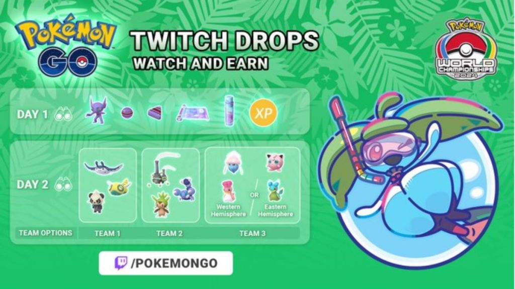 Screenshot of a graphic showing a preview of the Pokemon GO Twitch Drops during Pokemon Worlds 2024