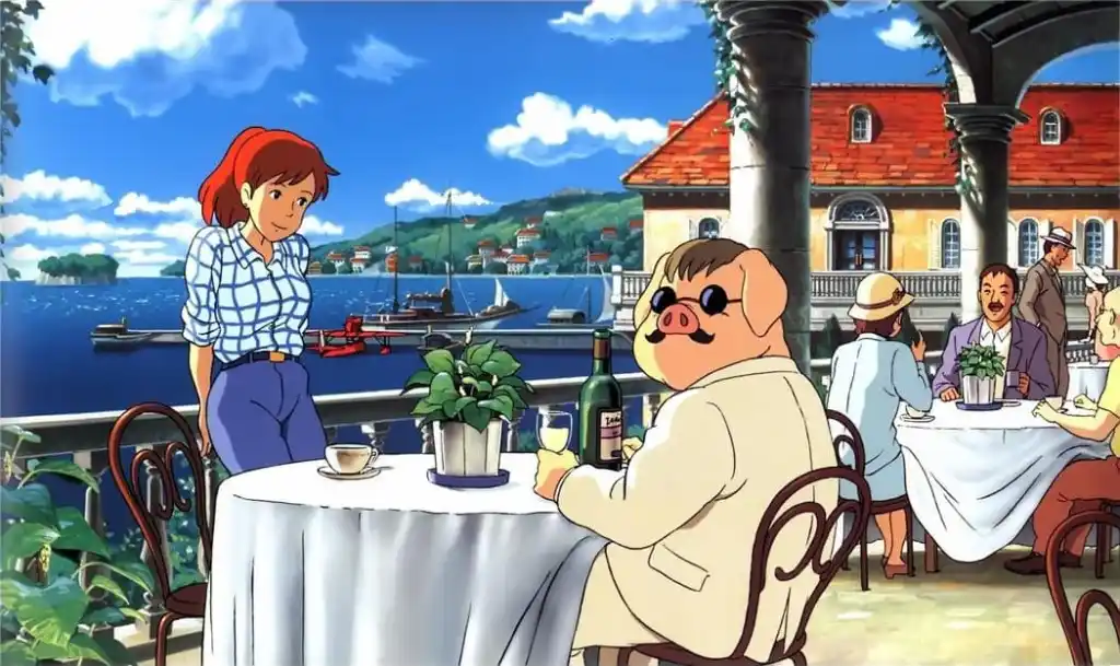 A woman leans against a banister in a restaurant which features a well dressed pig having a glass of wine anime movie  Porco Rosso