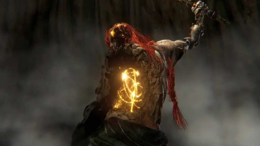 Image of Radagon Elden Ring with his back shattered, revealing the rune within