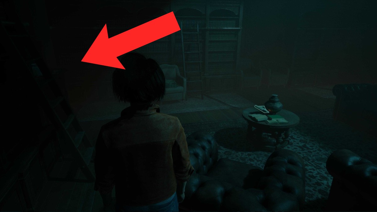 A picture of the living area with a red arrow pointing in the direction of the Rellik in The Casting of Frank Stone