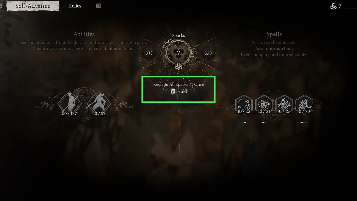Reigniting the sparks in Black Myth: Wukong., featuring the self-advance menu with the Reclaim All Sparks at Once option circled in green