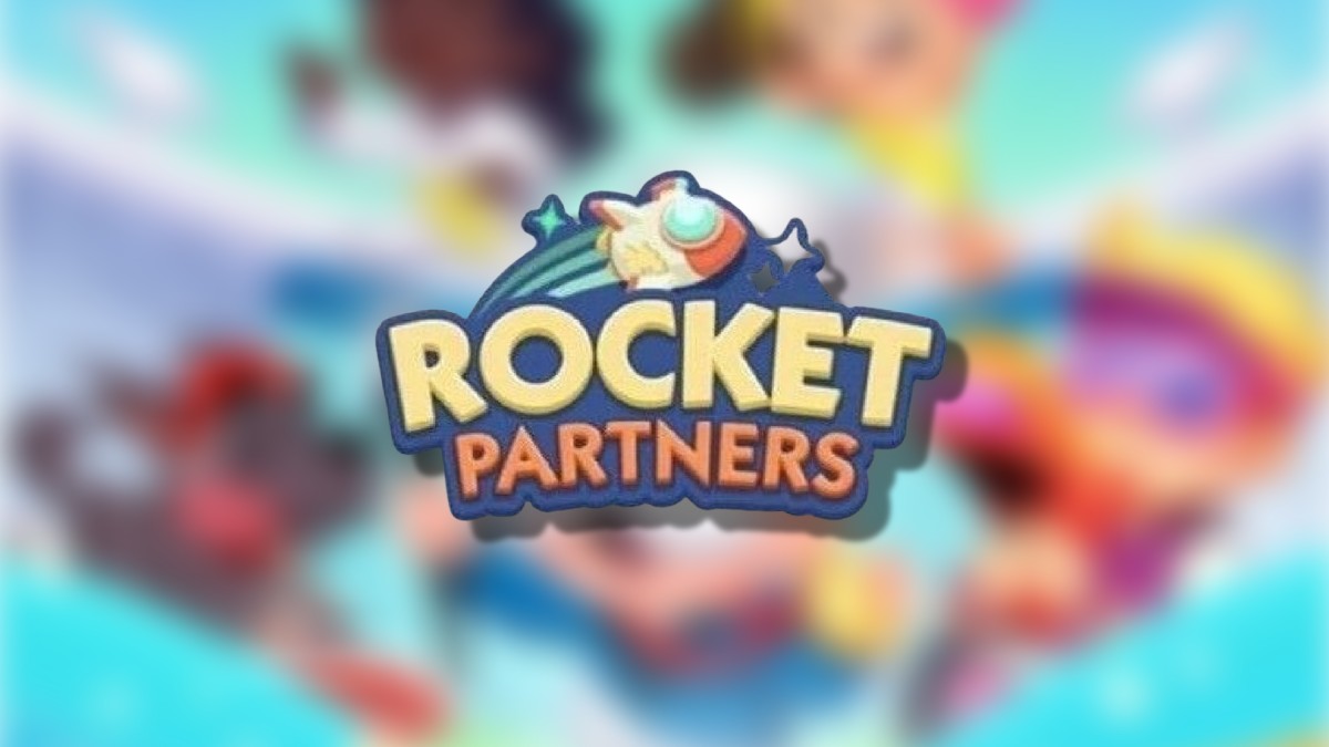 The Monopoly GO Rocket Partners logo on top of a blurred Monopoly GO background in an article detailing all of the rewards and milestones that players can earn during this event