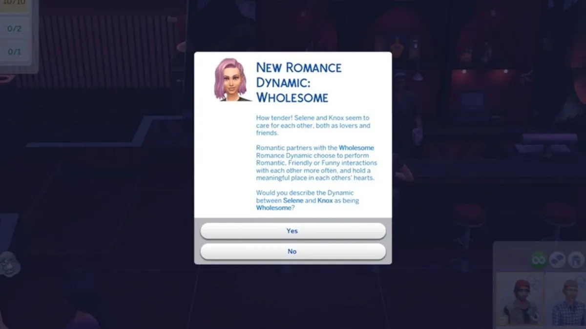 Romance Dynamic Pop Up The Sims 4, with a descriptor about a relationship's wholesome dynamic