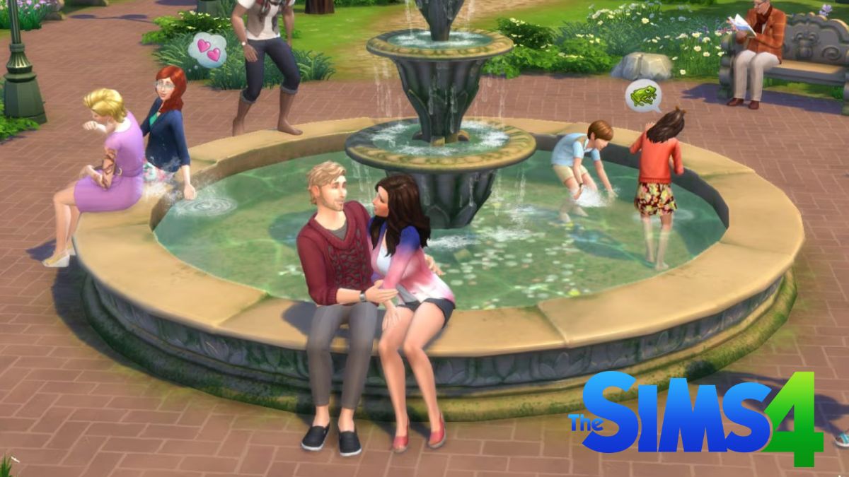 Image of two Sims on a date in The Sims 4, sitting on a fountain