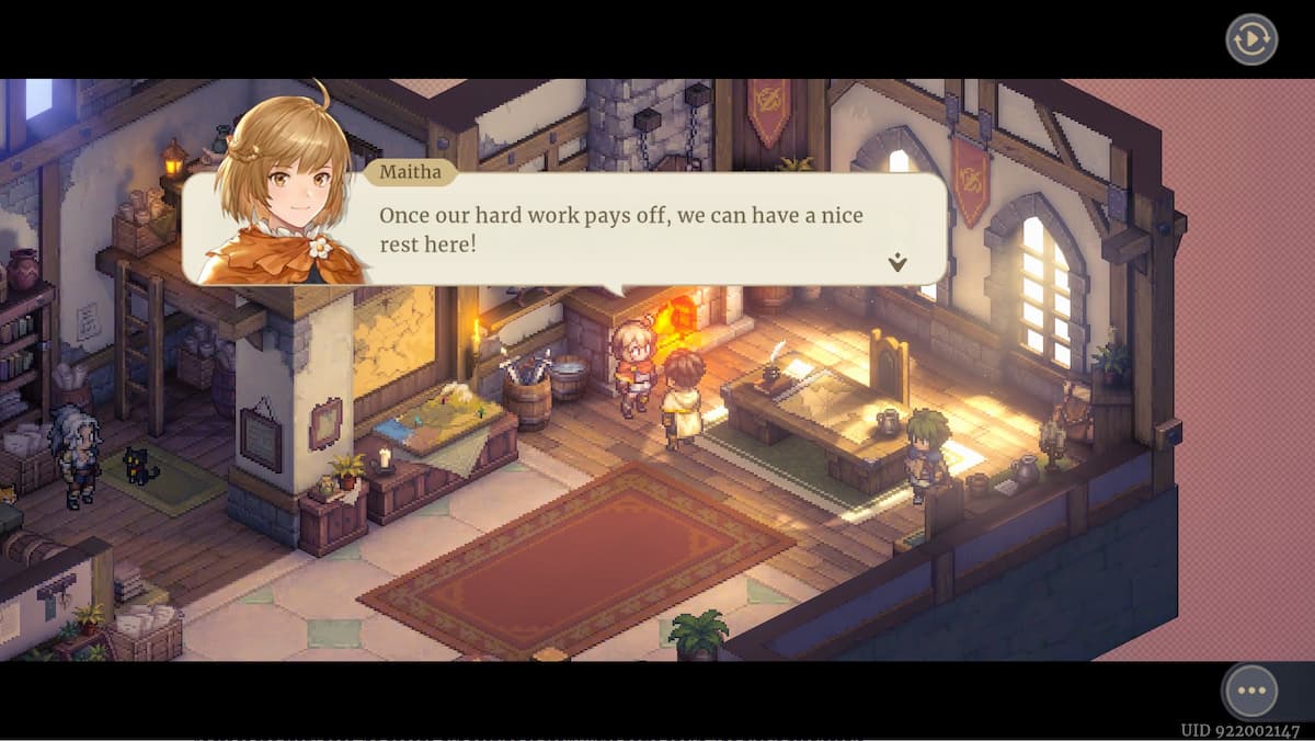 Image of a cozy inn in Sword of Convallaria, with a young girl speaking to the protagonist offering to let him stay the night 