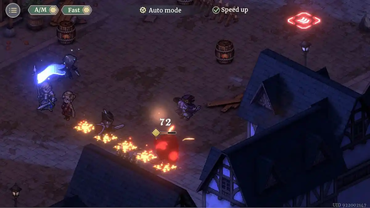 Image of a dark town square with a squadron of heroes facing off against an enemy, squares on fire in Sword of Convallaria