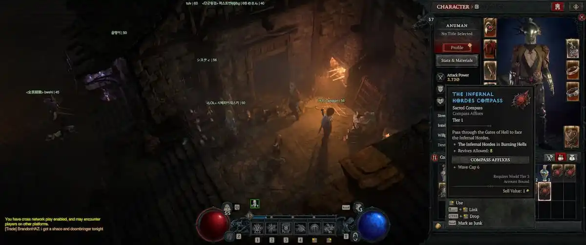 Image of the player standing in a dark room in the ruins while their character menu is opening and hovering over an Infernal Hordes Compass in Diablo 4