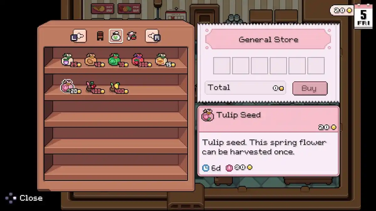 Image of the general store in fields of mistrial showcasing a variety of available seeds