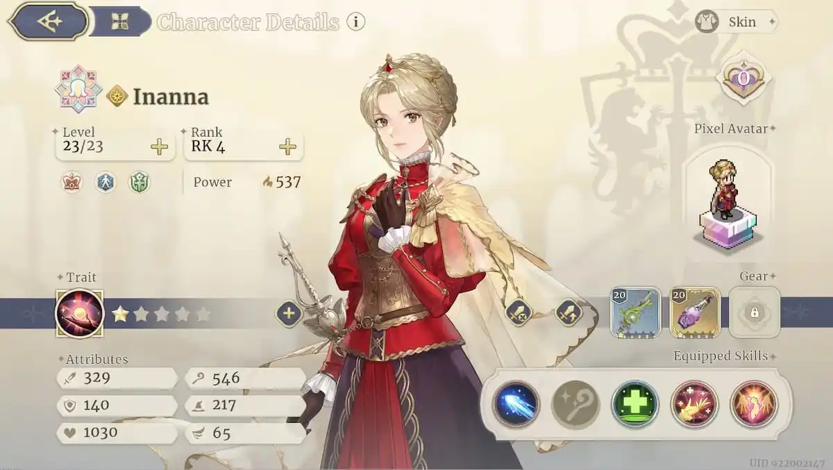 Image of Inanna's character menu in Sword of Convallaria, who stands wearing regal attire and a serious look