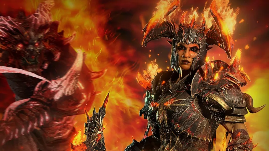 A barbarian wreathed in flame stands with an axe while a balrog charges at them from behind in Diablo 4