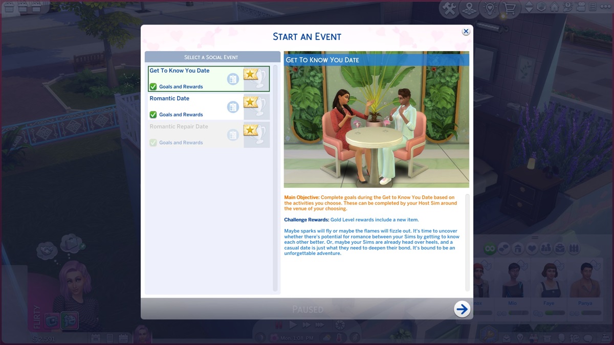 Screenshot of the mechanic to Set Up a Date in Cupid's Corner from The Sims 4 Lovestruck Expansion