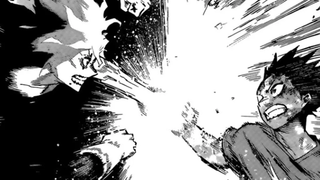 Shigaraki and Deku punching AFO in CHapter 423 of My Hero Academia