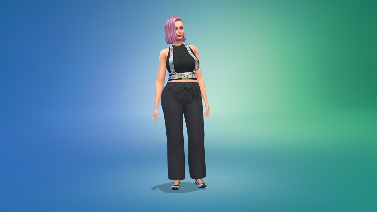 Image of a Sim in black slacks, an incandescent suspenders stands on an ombre blue and green background 