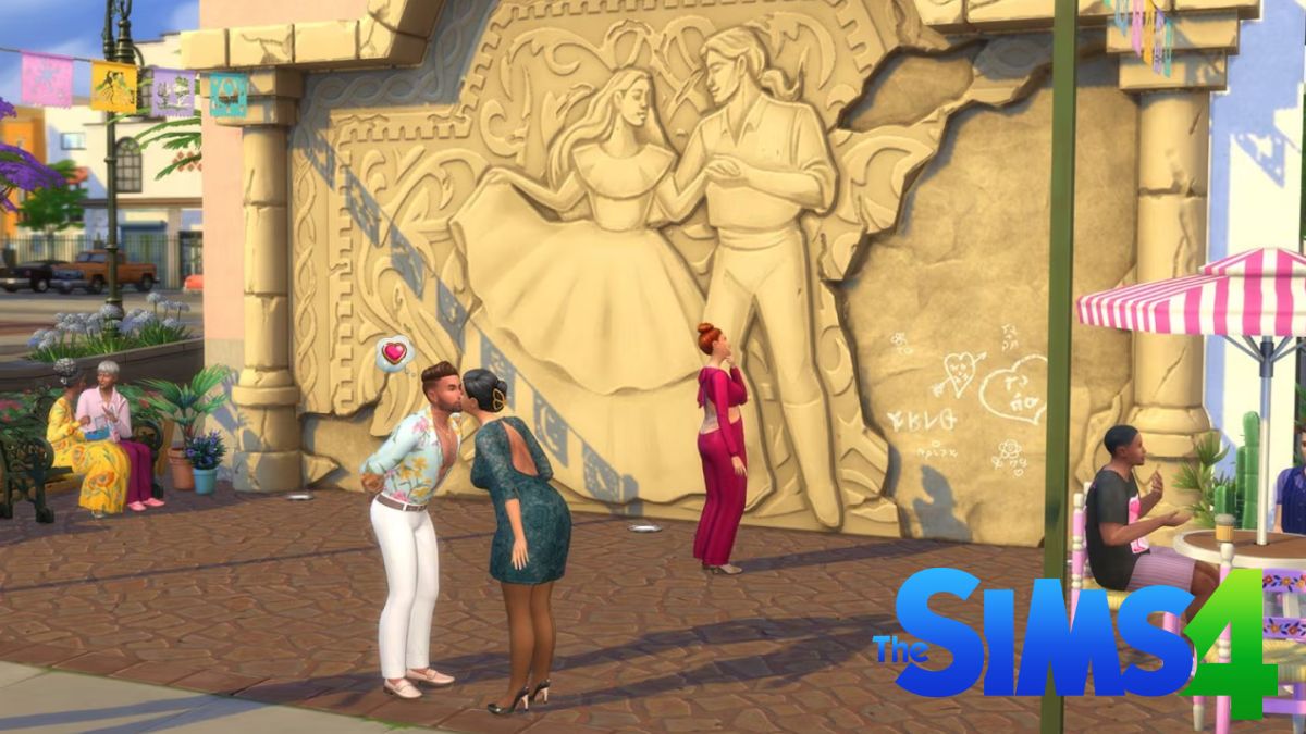 Screenshot of gameplay from The Sims 4 lovestruck expansion, showing two characters kissing on a romantic date