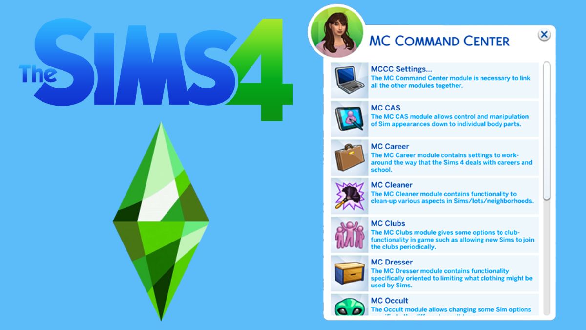 Sims 4 MC Command Center panel next to the Sims 4 logo and a Plumbob