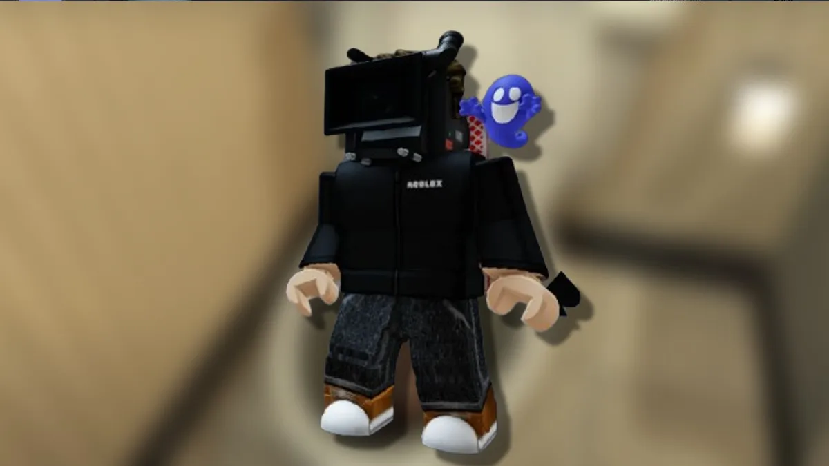 A featuerd image of my Robloxian wearing a Camerahead UGC creation on top of a blurred Skibidi Toilet background in an article detailing how to obtain all pieces of Skibidi Toilet UGC in Roblox