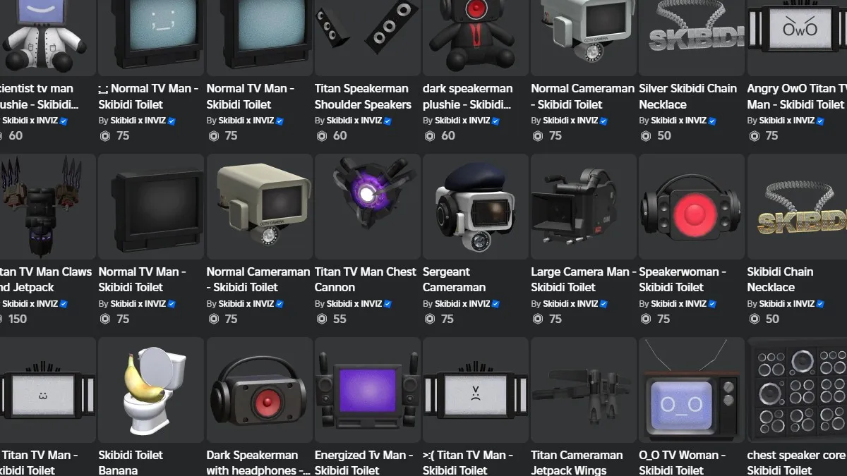 A screenshot showcasing different Skibidi Toilet items available to purchase in Roblox