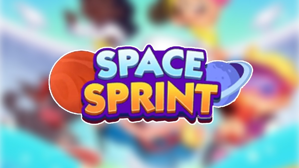 The Space Sprint logo on top of a blurred Monopoly GO background in an article detailing the rewards and milestones of the event