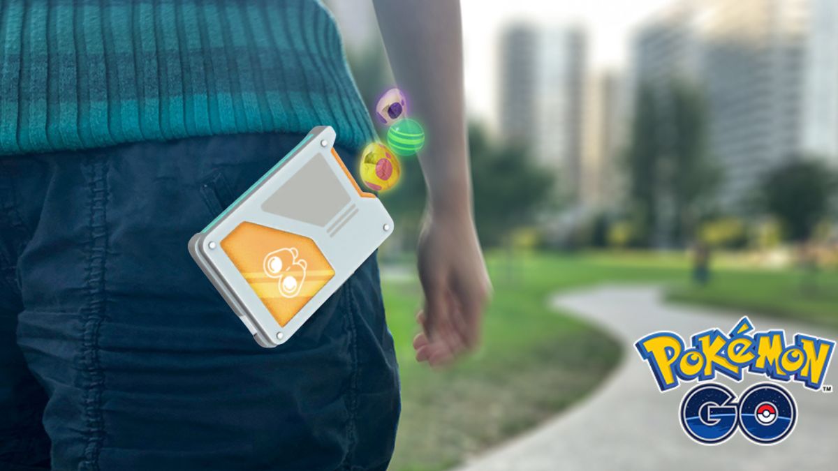 Image of a Pokemon GO trainer with a chip on their hip, with a variety of Pokemon Eggs floating out of it as they walk in the park