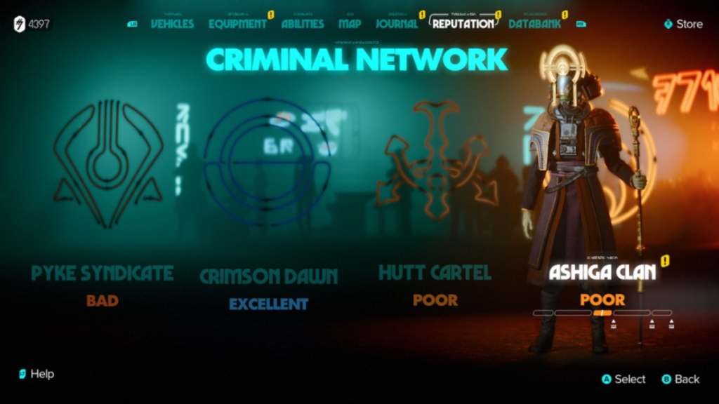 Image of the reputation menu in Star Wars Outlaw, featuring the four criminal networks against a neon background 