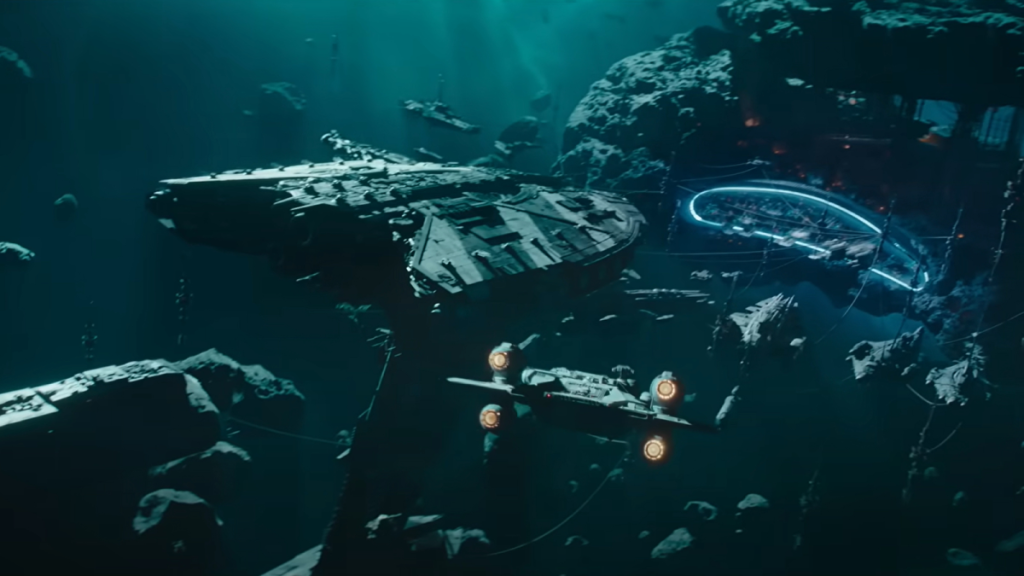 The Onyx Cinder flying towards an asteroid space station in Star Wars: Skeleton Crew