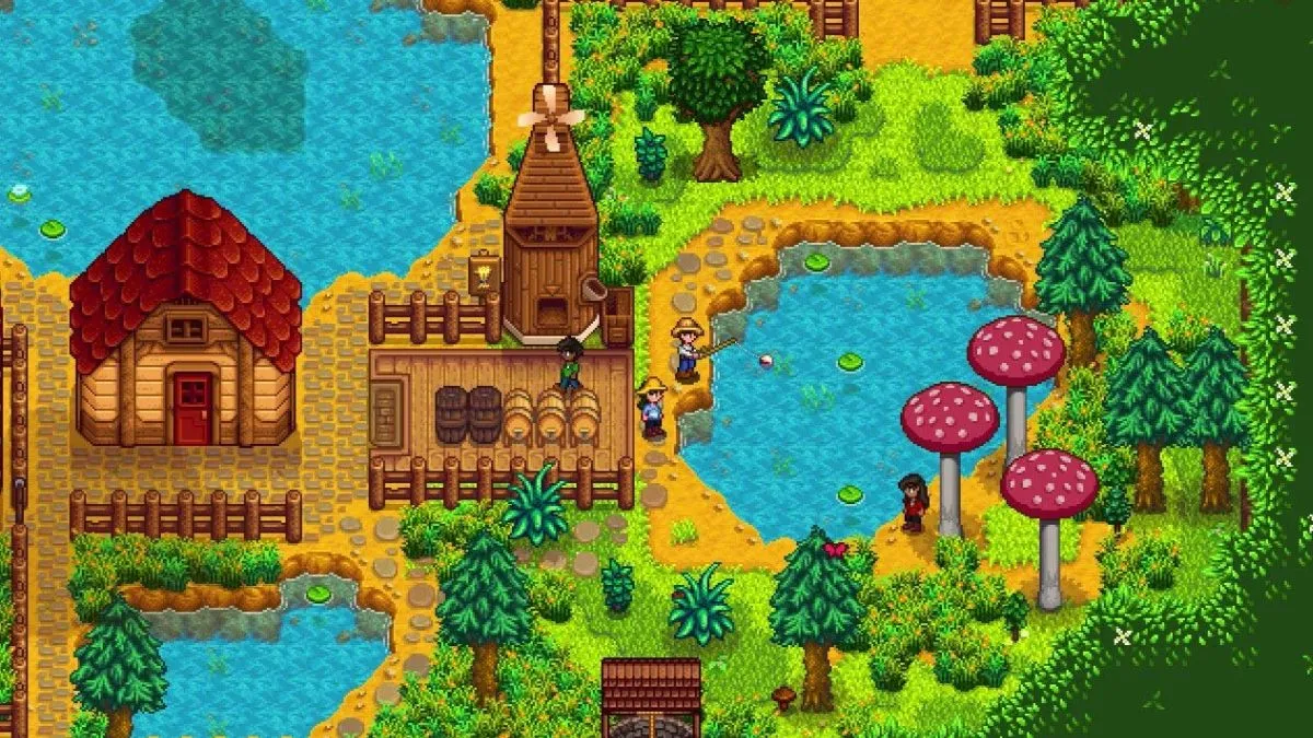 Screenshot of the Nintendo Switch version of Stardew Valley, featuring a pond, a farm, and several farmers