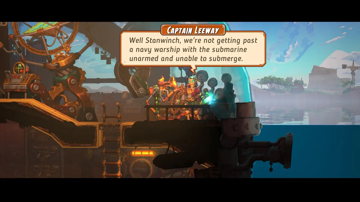 Image of the robotic looking Captain Leeway standing on the prow of his submarine while an island can be seen in the distance in SteamWorld Heist II