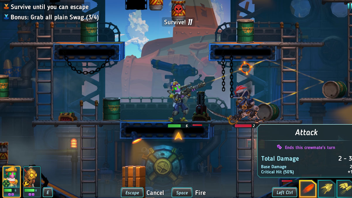 Image of the protagonist in the middle of a platforming level surrounded by ladders, seemingly in the guts of a submarine, aiming his gun above the enemy to pull off a trick shot in SteamWorld Heist II