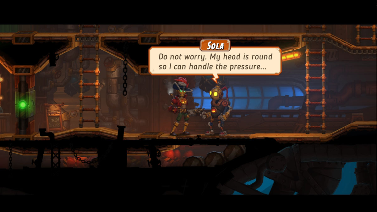 Image of Captain Leeway in the bowels of the submarine speaking to creamate Sola in SteamWorld Heist II