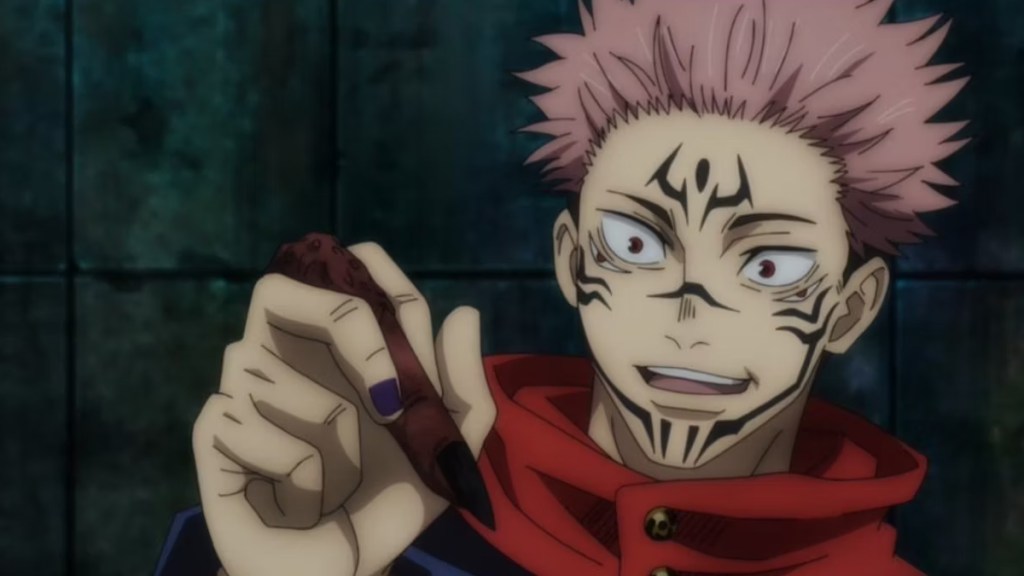 Sukuna in Yuji's body holding one of his original fingers in the Jujutsu kaisen anime