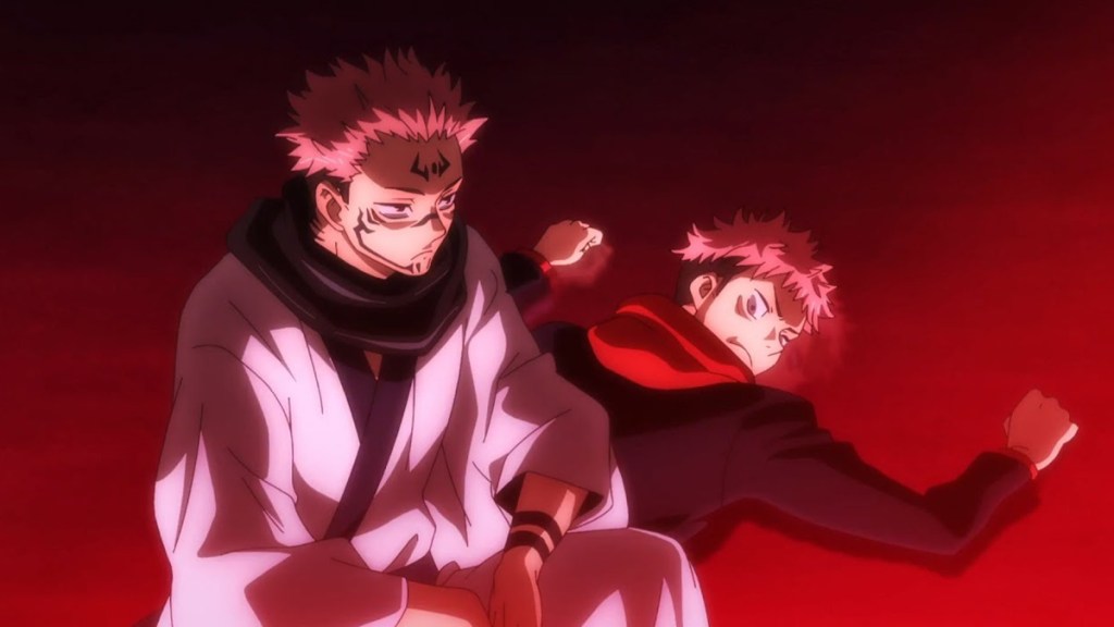 Sukuna sitting on Yuji in Jujutsu Kaisen anime