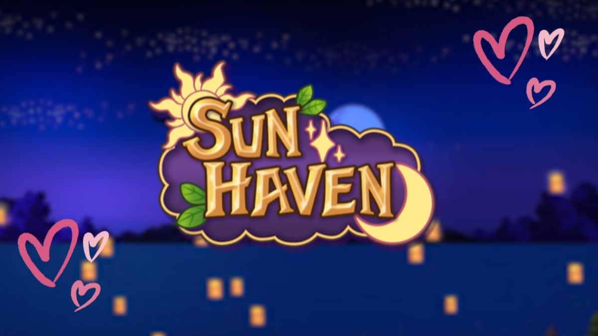 The Sun Haven Logo against a night sky backdrop, with hearts on either side