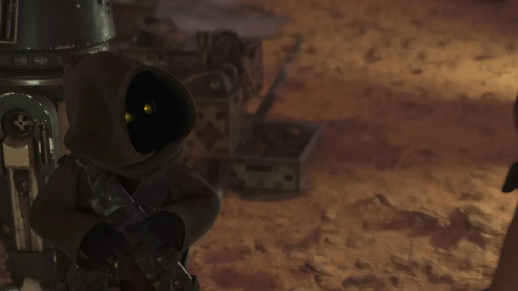 Teeka the Jawa talking to Kay in Star Wars Outlaws