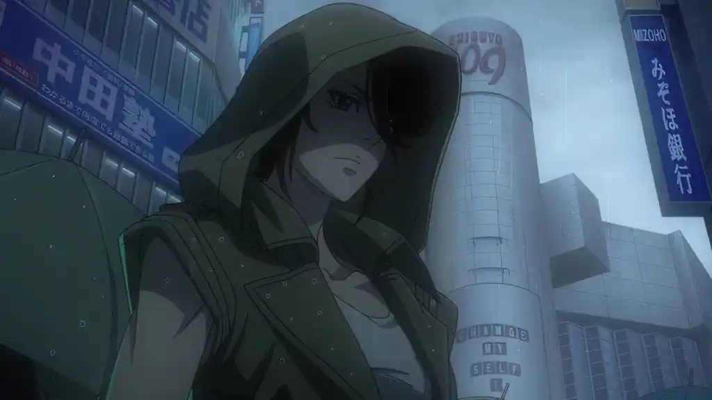 Eiko in Terminator Zero episode 1 STANDING IN THE RAIN IN jAPAN