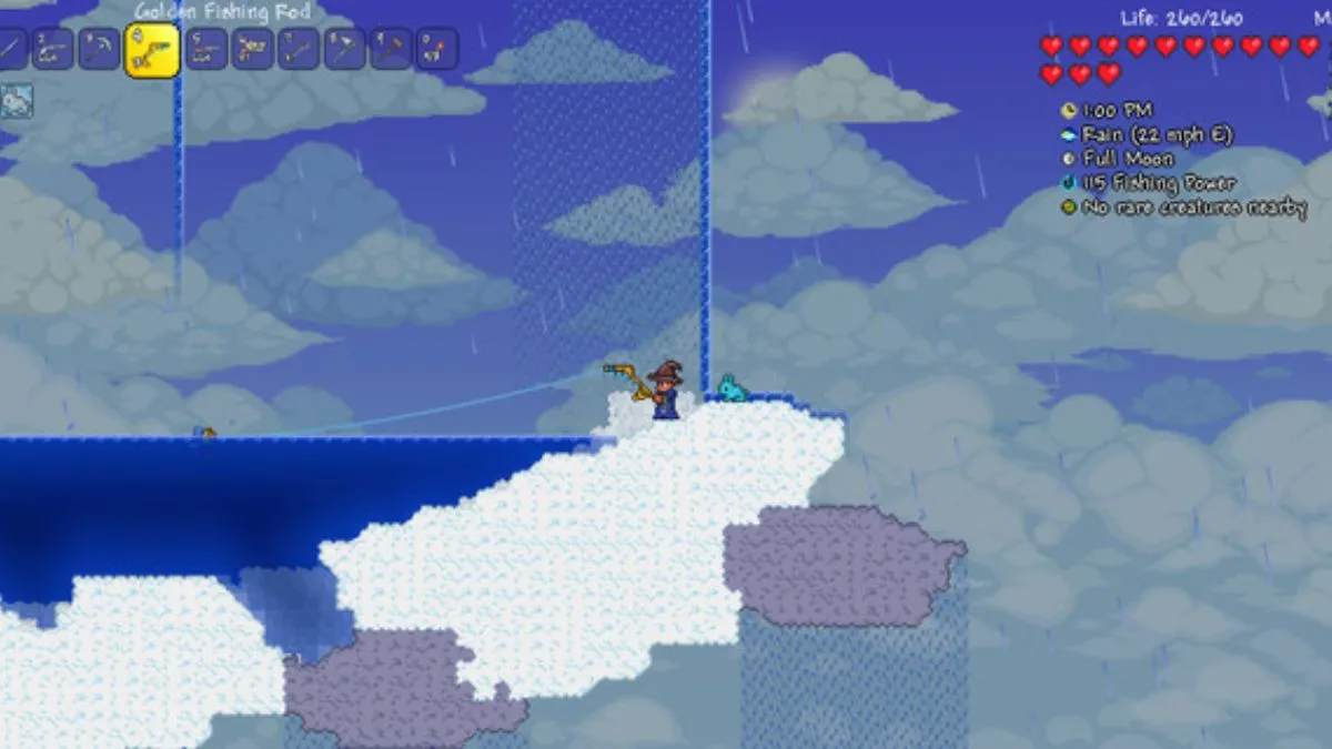 Gameplay screenshot from Teraria, showing a character in wizard's ropes fishing off of what appears to be a cloud