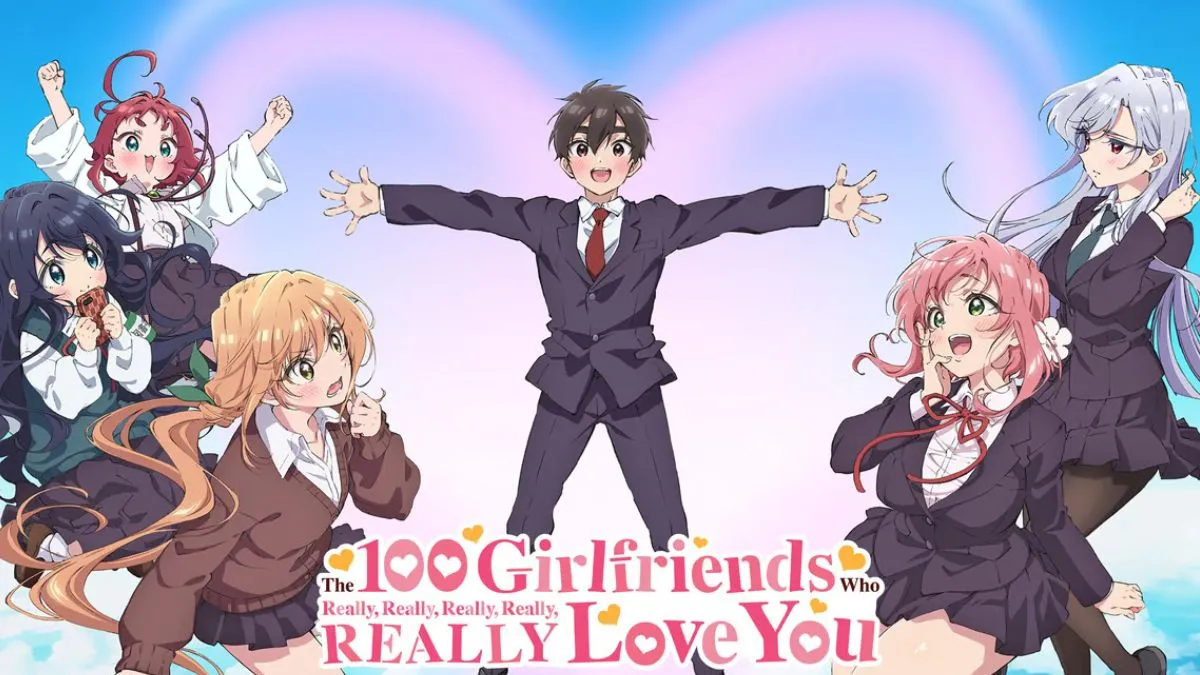 Series banner for the romance anime The 100 Girlfriends Who Really Love you, featuring a guy with his arms outstretched and several young women surrounding him