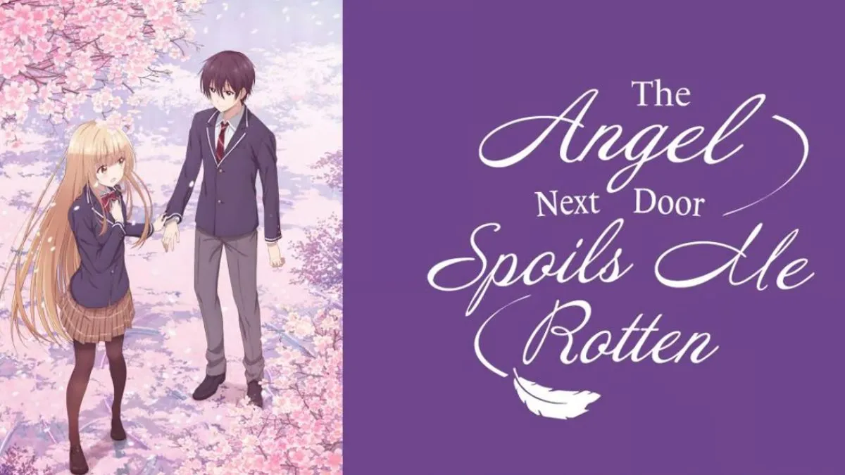 Title card for romance anime The Angel Next Door Spoils Me Rotten, showing the two characters standing side by side surrounded by cherry blossoms