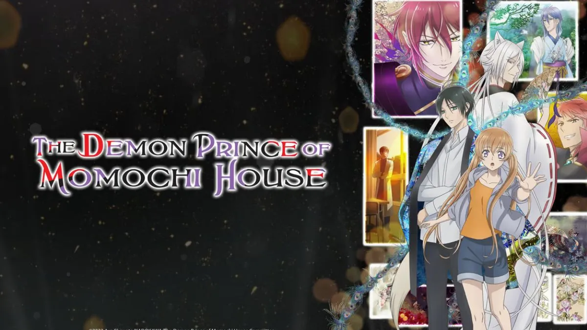 The Demon Prince of Momochi House Anime, featuring a girl standing in front of two men and several photos