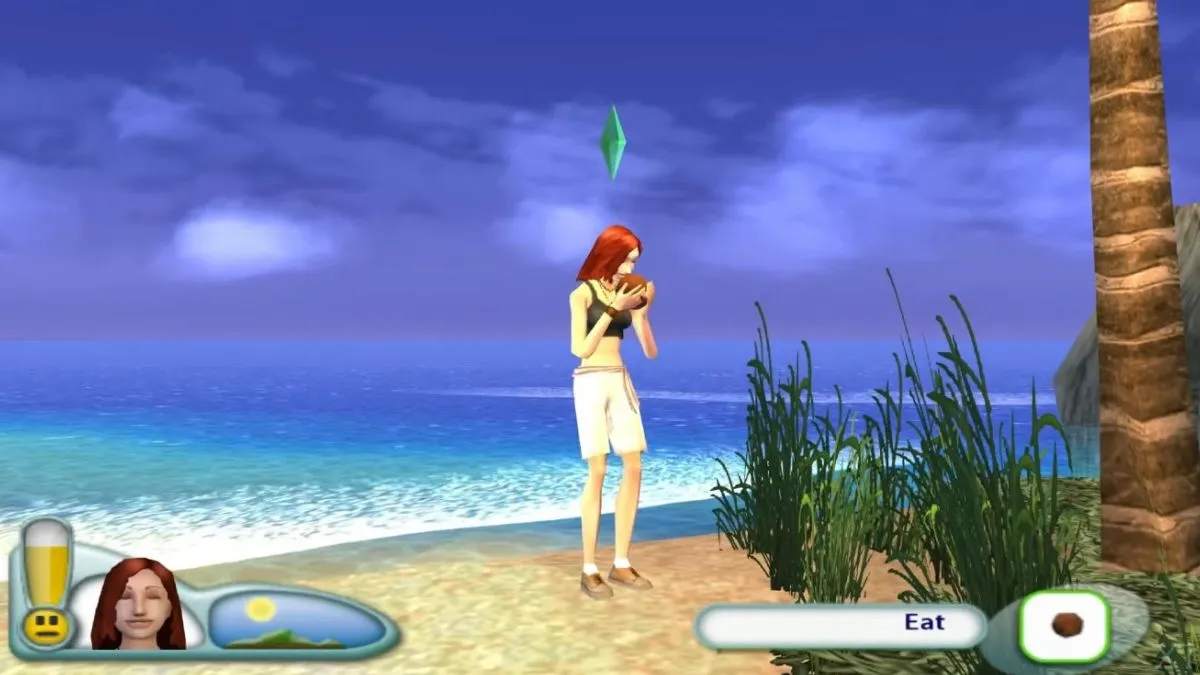 Screenshot of a Sim eating a coconut in the console game The Sims 2 Castaway