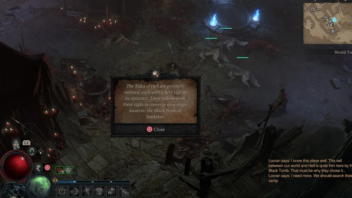 The Eyes of the Enemy clues in Diablo 4. featuring a dark camp with several wolves and a teleportation sigil