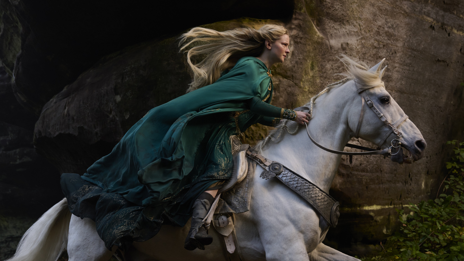 Galadriel on horseback in The Lord of the Rings: The Rings of Power Season 2