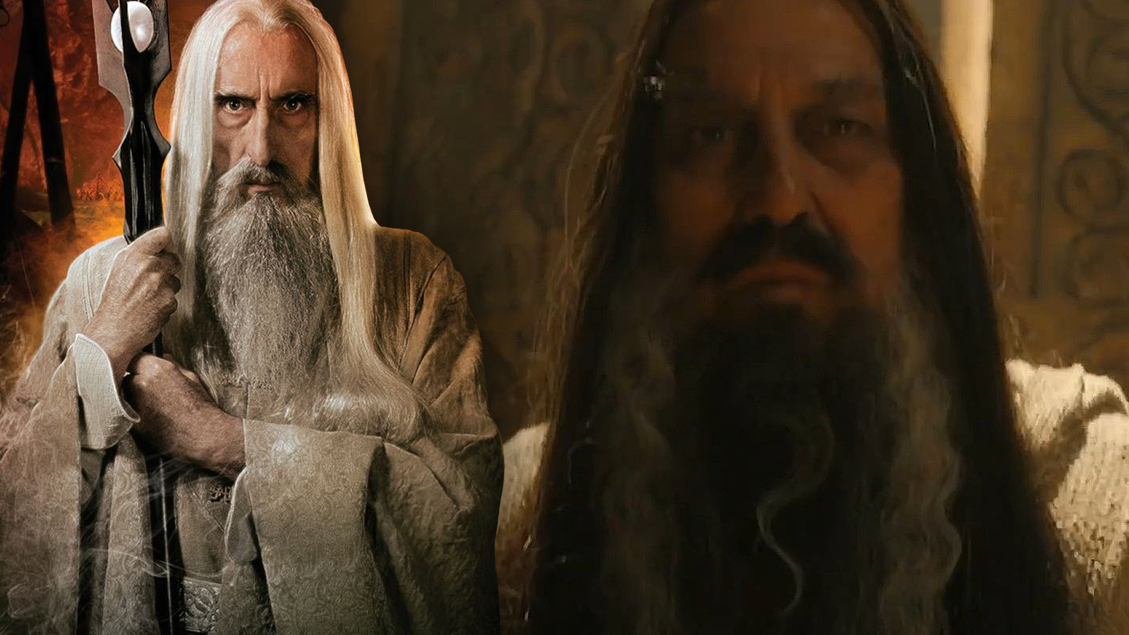 Combined images of Christopher Lee as Saruman in The Lord of the Rings trilogy and Ciaran Hinds as an unidentified Wizard in The Lord of the Rings: The Rings of Power Season 2