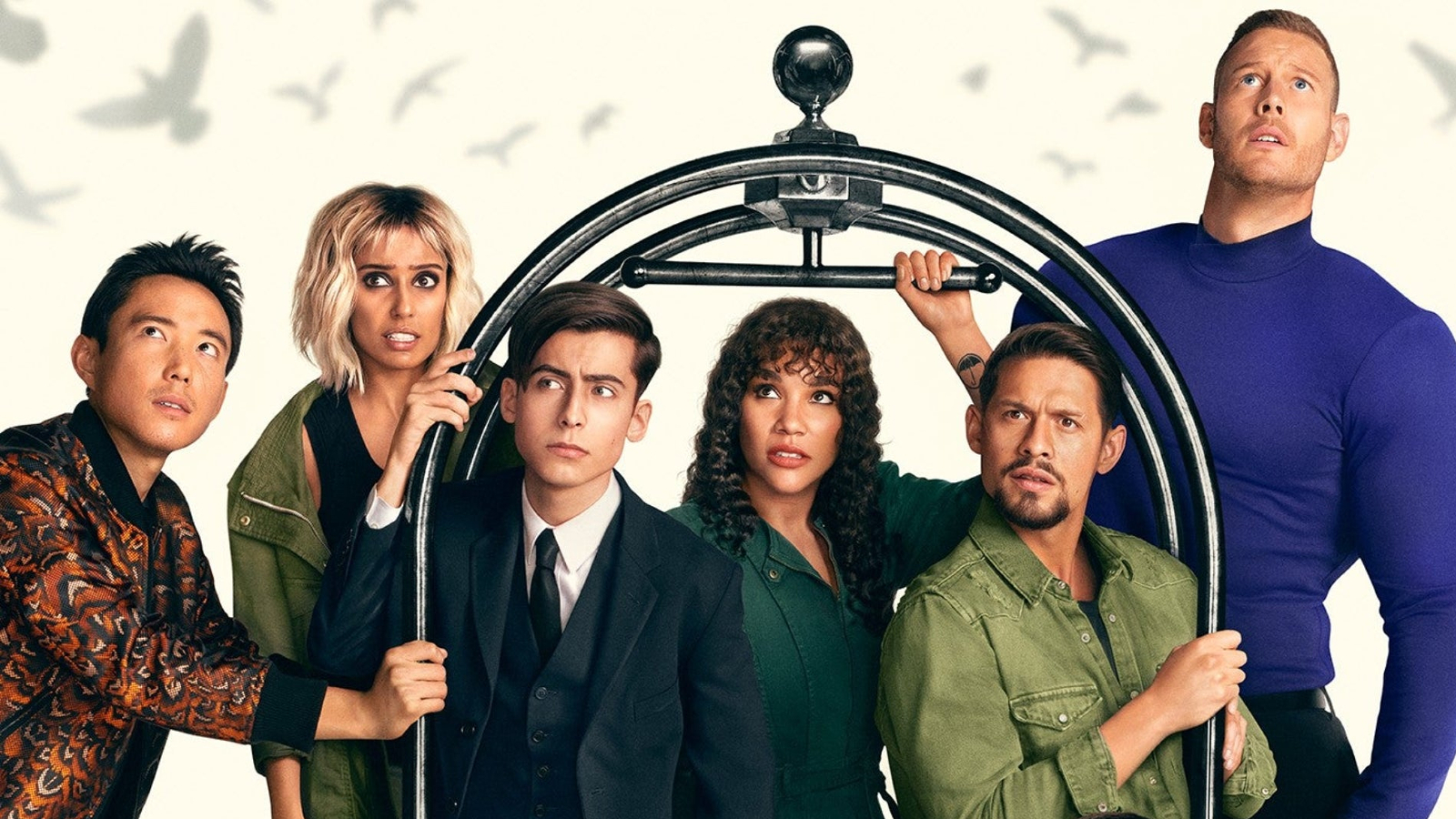 Cropped key art for The Umbrella Academy Season 3 featuring the some of the ensemble cast